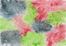 Von Hand gemaltes Aquarell mit Farbklecksen und Folienabdruck in Dunkelblau, Rot und Grün von Heike Rau
