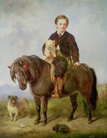 John Samuel Bradford as a boy seated on a shetland pony with a pug dog von Gourlay Steel