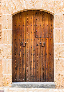 Rustic brown wooden front door with sandstone arch, front view von Alex Winter