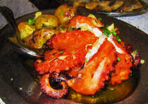 Stillleben. Gebratener Krake Oktopus mit Kartoffeln. Gemalt. Mediterrane Küche. by havelmomente