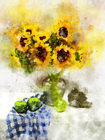 Aquarell Sonnenblumen auf Tisch mit karo Tischdecke und Äpfeln. Gemalt. von havelmomente