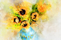 Aquarell Sonnenblumenstrauß in blauer Vase. Gemalt. by havelmomente