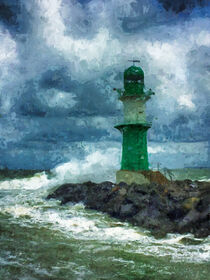 Sturm am Leuchtturm von Warnemünde an der Ostseeküste. Gemalt. by havelmomente