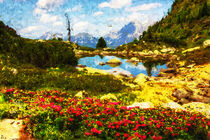 Berglandschaft der Alpen mit Bergsee und blühenden Almrosen. Gemalt. by havelmomente