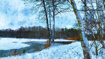 Winterlandschaft am See. Pfad. Gemalt. von havelmomente