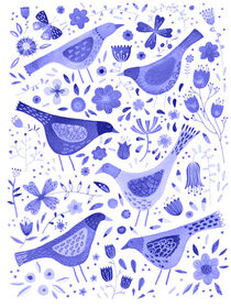 Watercolor Blue Birds in a Wildflower Garden von Nic Squirrell