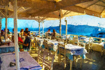 Restaurant on Santorini with visitors. View over Santorin caldera. Painted. von havelmomente