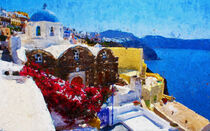 Santorin Inselansicht mit blau weisser Kirche und Kaldera. Gemalt. by havelmomente