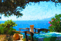 Griechisches Restaurant mit Meerblick auf Kreta. Gemalt. by havelmomente