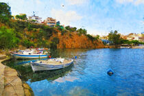 Kreta. Stadtansicht von Agios Nikolaos. Boote im Vulkansee. Gemalt. von havelmomente