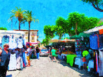 Marktszene in Sineu auf Mallorca. Marktstände in der Stadt. Gemalt. von havelmomente