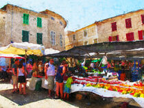Marktstände auf dem Wochenmarkt in Sineu auf Mallorca. Gemalt. von havelmomente