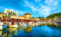 Ansicht vom Hafen mit Booten in Porto Colom auf Mallorca. Gemälde by havelmomente