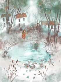 Rainy day illustration with a young girl and a white dog on a bridge von Varvara Kurakina