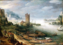 River Scene with a Ruined Tower  by Paul Brill or Bril