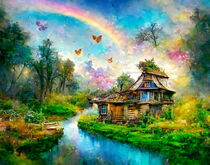 Fantasy Cottage am Bach im Sommer. Regenbogenfarben am Himmel spiegeln sich im Wasser. von havelmomente