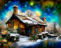 Fantasy cottage by the brook in the depths of winter. Snow lies around the house. Northern lights in the sky. Christmas time by havelmomente