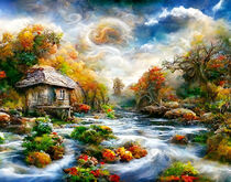 Fantasy landscape with cottages by the river. Beginning of autumn. Morning mist drifts over the slopes. Fantasy Fantasy motif von havelmomente