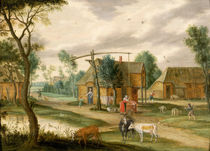 A village landscape with a woman drawing water from a well  von Isaak van Oosten