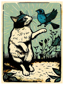 Linolschnitt. Katze und Vogel im Garten. by havelmomente