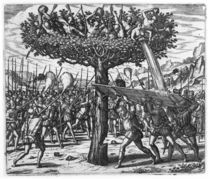 Indians in a Tree Hurling Projectiles at the Spanish  by Theodore de Bry