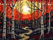 Autumn time linolcut with birch tree and sundown von havelmomente