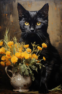 Black Cat and Flowers - Schwarze Katze und Blumen von Erika Kaisersot