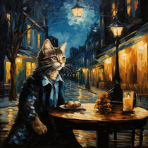 Dressed Cat at Cafe at Night - Gekleidete Katze im Café bei Nacht von Erika Kaisersot