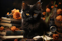 Cute Black Cat and Flowers - Süße schwarze Katze und Blumen von Erika Kaisersot