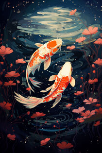Japanische Rote Kois im dunklen Teich | Japanese red koi in the dark pond by Frank Daske