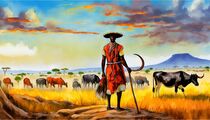 A Maasai Herds His Cattle in the Colorful Savanna of Tanzania