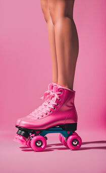 Cropped view of woman legs in pink roller skates on pink background.  von moonbloom
