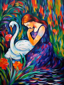 Leda mit dem Schwan | Leda with the Swan | Farbenfrohe Malerei von Frank Daske