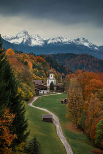 Bavarian Alps with church of Wamberg in Garmisch-Partenkirchen during autumn  by Bastian Linder