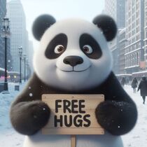 Niedlicher Pandabär mit Schild "Free Hugs" in einer verschneiten Großstadt von Dieter Stahl