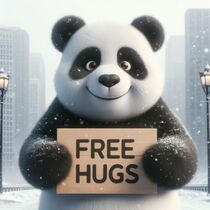 Niedlicher Pandabär hält Schild hoch mit "Free Hugs" von Dieter Stahl