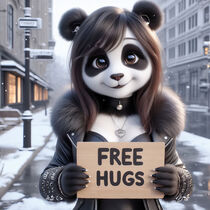 Niedlicher, weiblicher Panda hält Schild mit "Free Hugs" hoch von Dieter Stahl