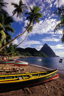 Caribbean, BWI, St. Lucia, Fishing boats and Pitons, Soufriere. by Danita Delimont