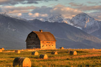 Old barn framed by hay bales and dramatic Mission Mountain Range in Montana by Danita Delimont