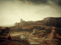 Rembrandt, Flusslandschaft mit Windmuehle von klassik art