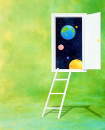 Open white door with spheres and white ladder on green background von Panoramic Images