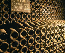 Close-up of wine bottles in a cellar of Bollinger, Ay, Champagne, France von Panoramic Images