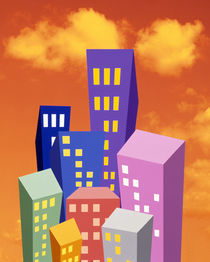 Multi colored abstract high rise buildings with bright orange sky and clouds by Panoramic Images