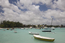 Boats in the sea with a village in the background by Panoramic Images