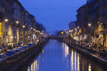 Cafes and restaurants along a canal, Naviglio Grande, Milan, Lombardy, Italy by Panoramic Images