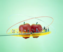 Small figures standing on circular yellow catwalk  von Panoramic Images