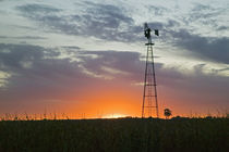 Sunset behind silhouetted windmill, Iowa, USA. von Panoramic Images
