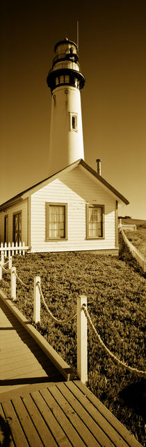 Building in front of a lighthouse, Pigeon Point Lighthouse, California, USA by Panoramic Images