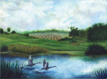 Geese in Flight Over Pond by Julie Ann Stricklin  von Julie Ann  Stricklin