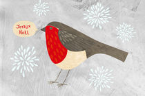 Robin with Snowflakes saying Joyeux Noel von Nic Squirrell